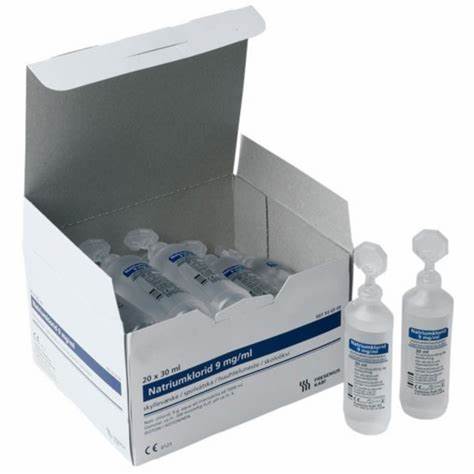 Microspol NaCl 0,9{6dfa2d5a020da1e80d55fd8da3b70a0299d434546805740ce9ca30120815e3da}, 30 ml pipetteflaske med knækstuds